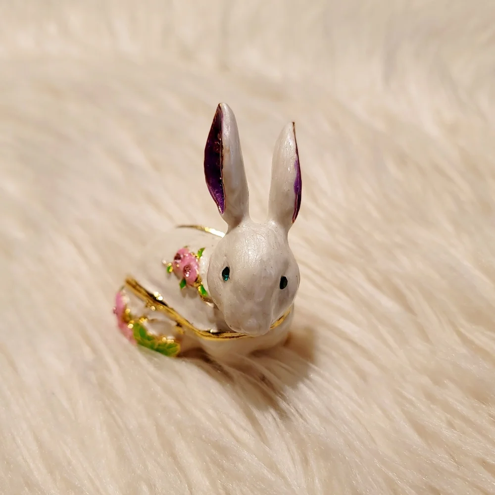 Bejeweled White Bunny Rabbit Hinged Metal Enameled Trinket Box - New